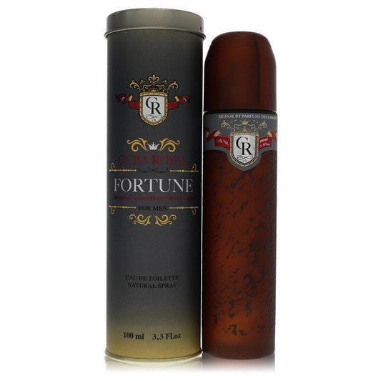 Cuba Royal Fortune eau de toilette spray, two cylindrical bottles in dark and amber