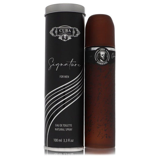 Men's eau de toilette spray bottles, black and dark brown with Signature label