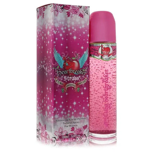 Pink glitter perfume bottle with heartbreaker label and spray cap, for women