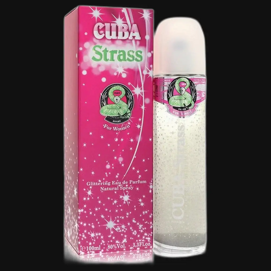 Women’s eau de parfum with frosted white bottle and silver cap, with pink Cuba Strass box