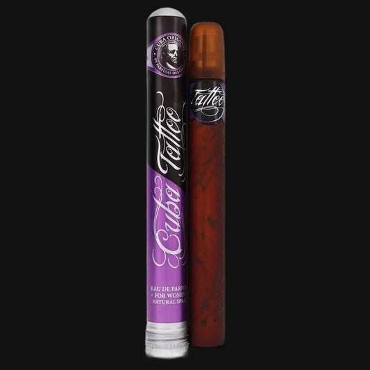 Fragluxe Cuba Tattoo eau de parfum, purple tube and amber bottle with silver cap