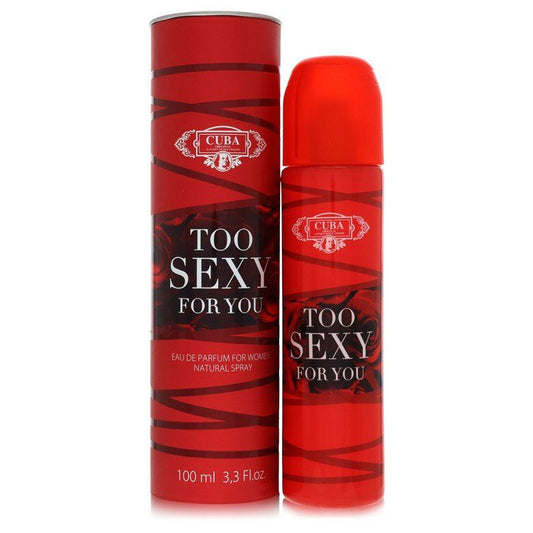 Red Eau de Parfum spray bottle with matching cap, label reading 'TOO SEXY FOR YOU'.