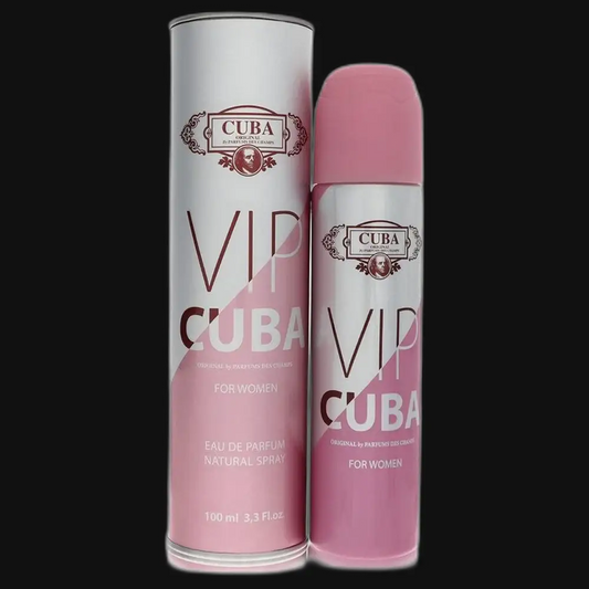 Women’s eau de parfum spray bottle set: silver and pink cylindrical with CUBA labels.