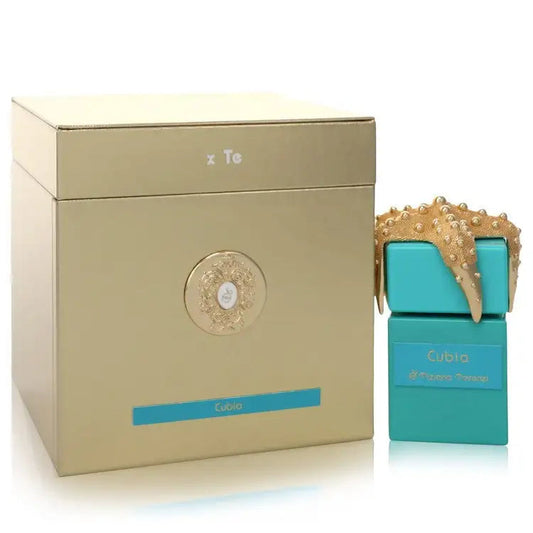 Cubia unisex fragrance set, turquoise bottle with gold cap and matching gift box