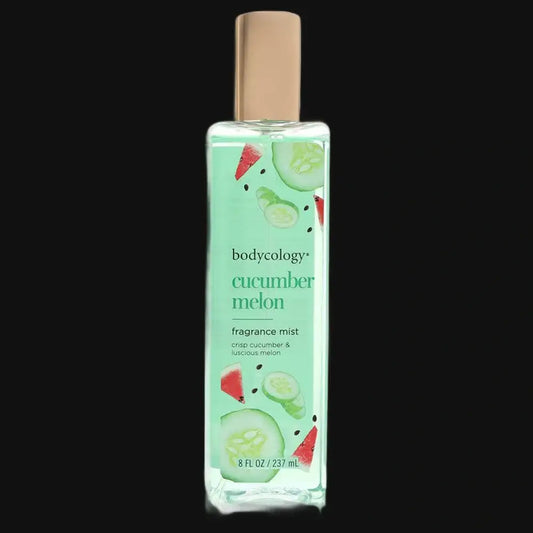 Fragrance mist bottle with gold cap, cucumber melon scent, bodycology label