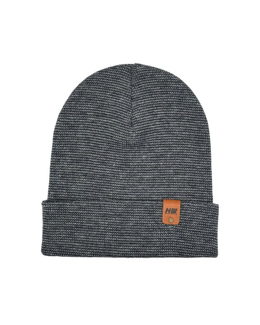 Dark gray knit beanie with folded cuff and small orange logo patch