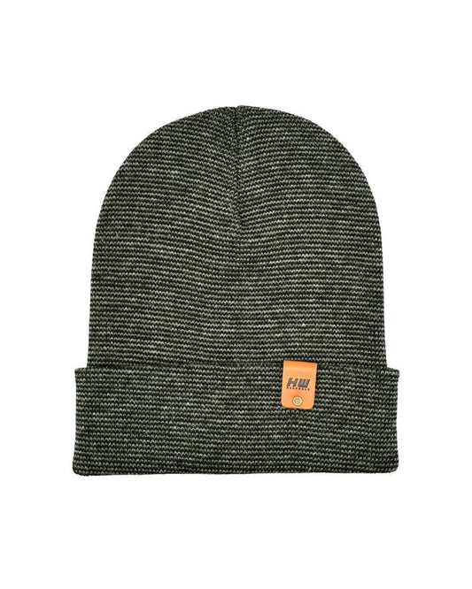Cuffed beanie hat in dark green knit with woven cuff and small logo patch