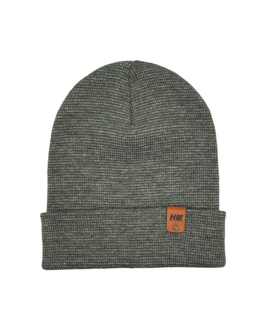 Heathered knit cuffed beanie in dark green-gray with small orange logo patch