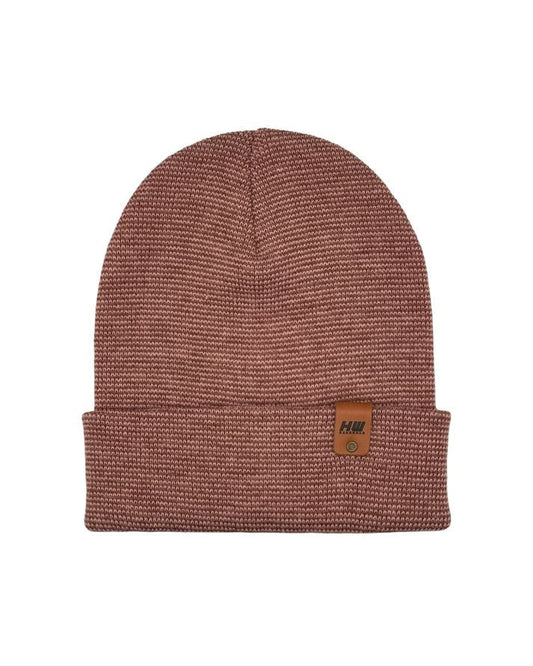 Burgundy knit beanie with fold-over cuff and small logo patch