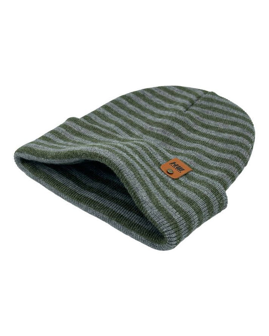 Cuffed knit beanie, green-gray striped with folded hem and leather logo patch