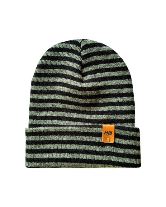 Striped knit beanie with folded cuff, dark green and black; orange logo tag