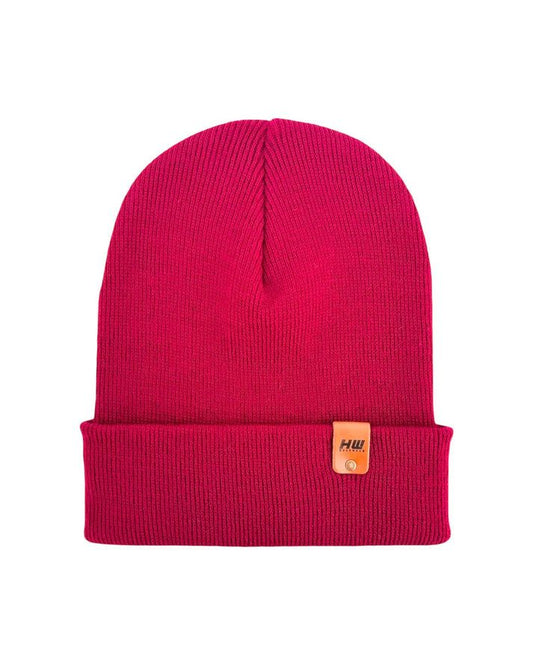Maroon ribbed knit beanie with folded cuff and small logo patch
