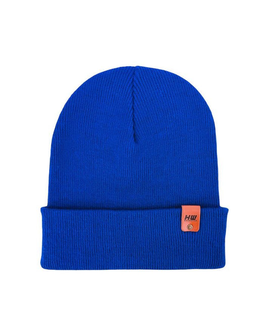 Cuffed knit beanie in sapphire blue with folded brim and small leather logo patch