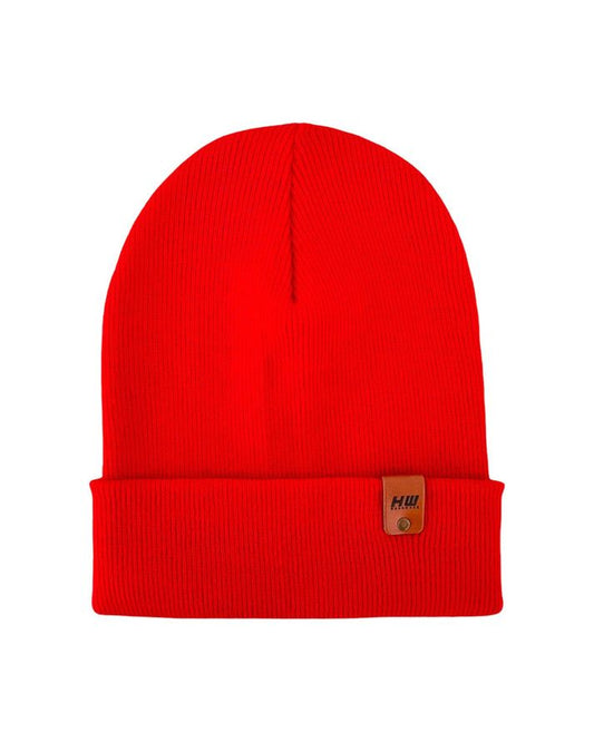 Scarlet red knit beanie with ribbed cuff and stitched leather-style patch