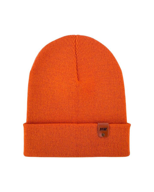 Orange ribbed cuffed knit beanie with folded brim and small logo patch