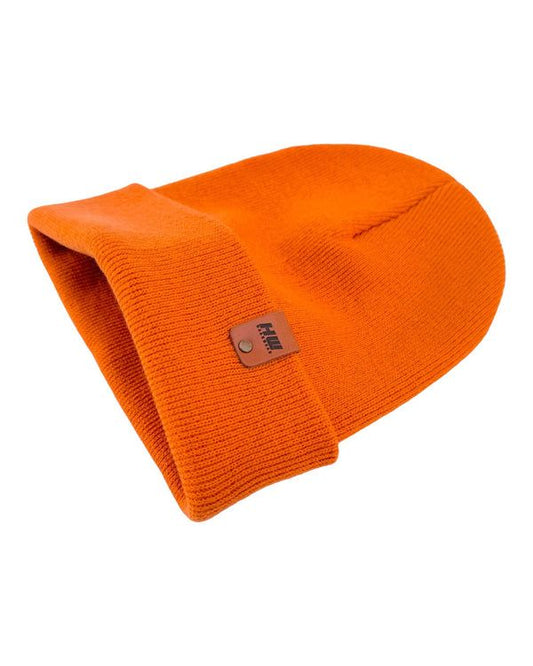 Orange ribbed cuffed knit beanie, folded cuff with small logo patch