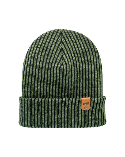 Green and black wide-rib knit beanie with folded cuff and side patch