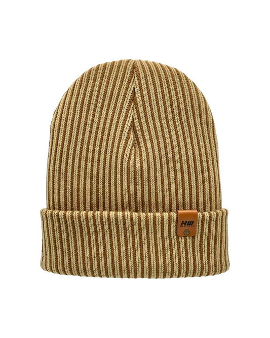 Cuffed ribbed knit beanie in brown and beige with logo patch on cuff