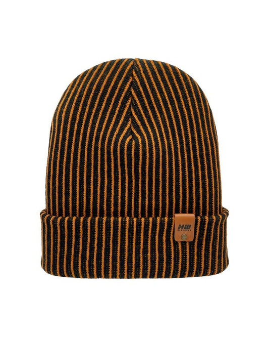 Cuffed ribbed beanie in orange and black stripes, knit with folded cuff