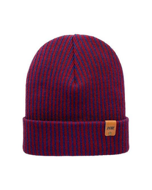 Cuffed wide-rib knit beanie in red and dark stripes with fold-over hem