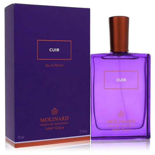 Unisex Eau de Parfum bottle and box: violet glass, brown spray cap, CUIR label