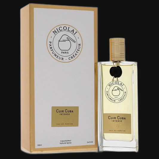 Cuir Cuba Intense eau de parfum bottle set with box, clear glass and black cap.