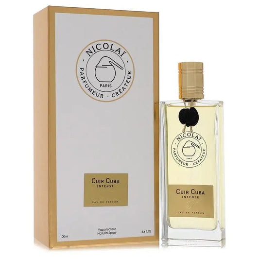 Unisex eau de parfum bottle with box, clear square glass and black cap.