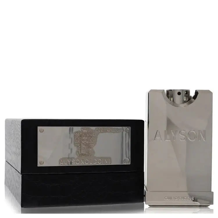 Men's cologne bottle with Cuir D'encens packaging, Alyson Oldoini logo detail