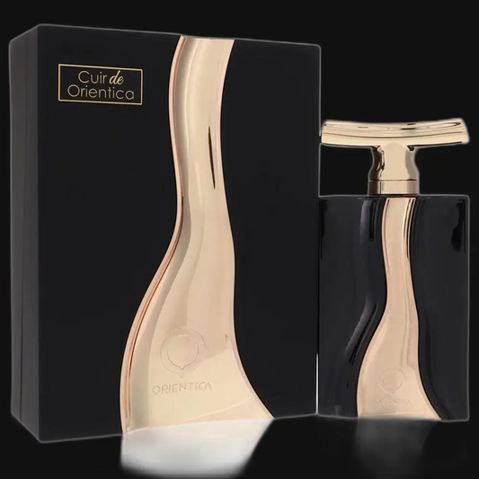 Women’s perfume bottle with gold cap, dark glass, and black presentation box