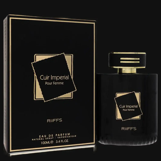 Women’s eau de parfum, dark glass bottle with gold cap and Cuir Imperial label