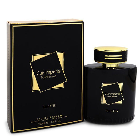 Perfume bottle and box, black glass with gold cap, Cuir Imperial Eau de Parfum
