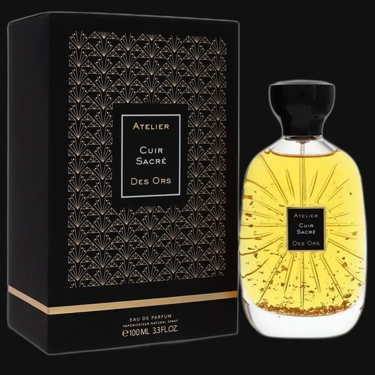 Unisex eau de parfum set: yellow bottle with black cap and black patterned box
