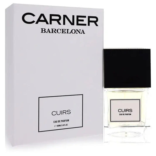 Women's eau de parfum bottle and CUIRS label box, side-by-side.