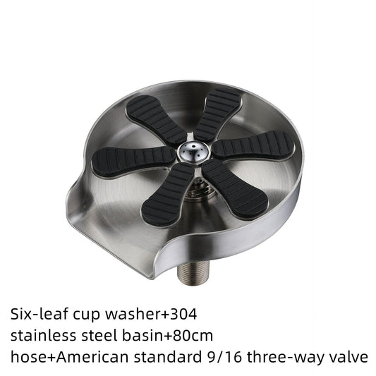 Stainless cup washer basin with black six-leaf spray head and outlet fitting