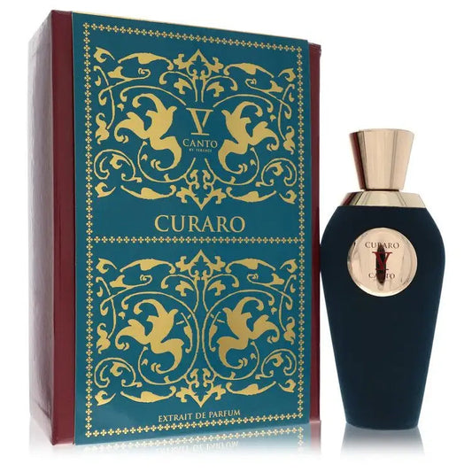 Unisex perfume bottle with teal decorative box, gold filigree, angled package view
