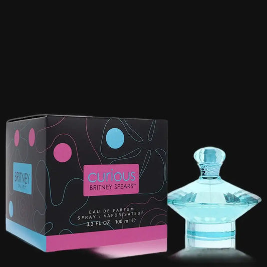 Curious by Britney Spears eau de parfum: black box with colorful graphics and blue bottle