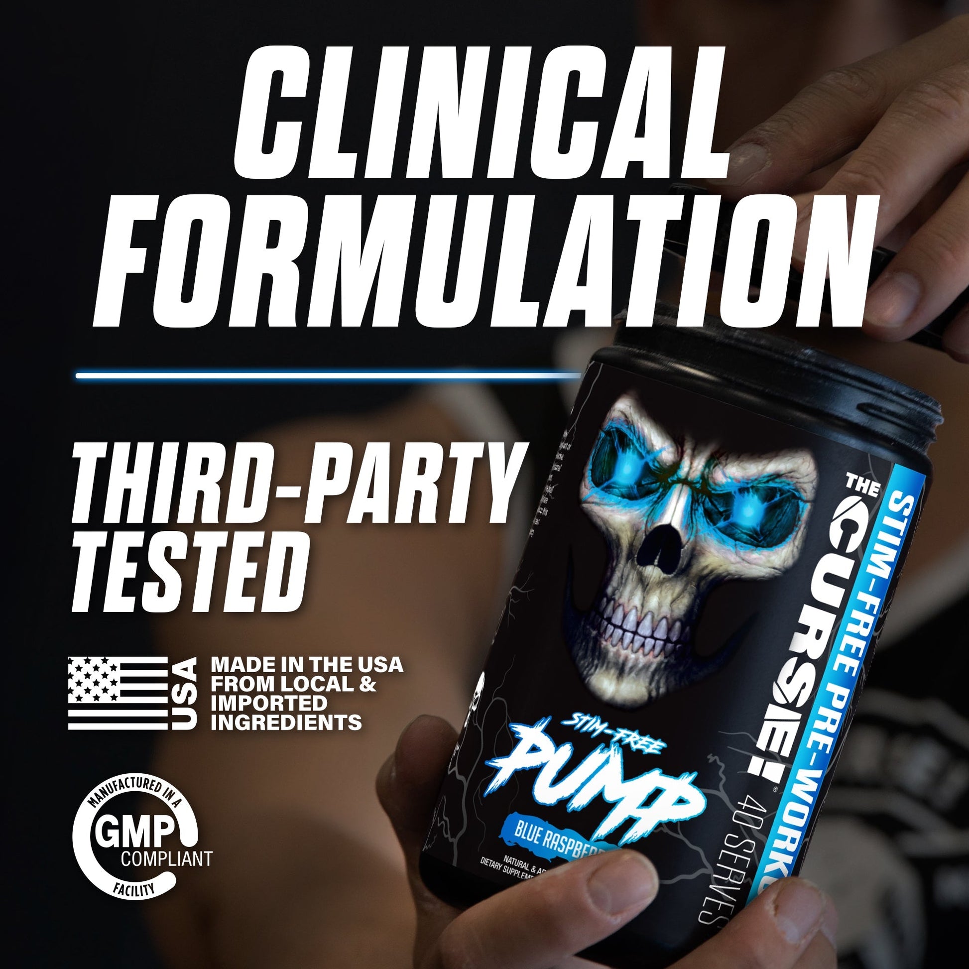 Energy supplement tub with skull graphic, Blue Raspberry flavor held in hand