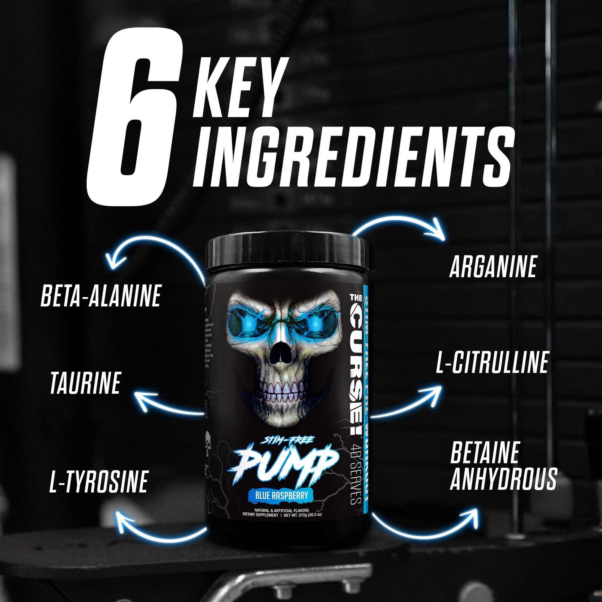 Energy supplement tub with skull graphic and ingredient callouts, Blue Raspberry