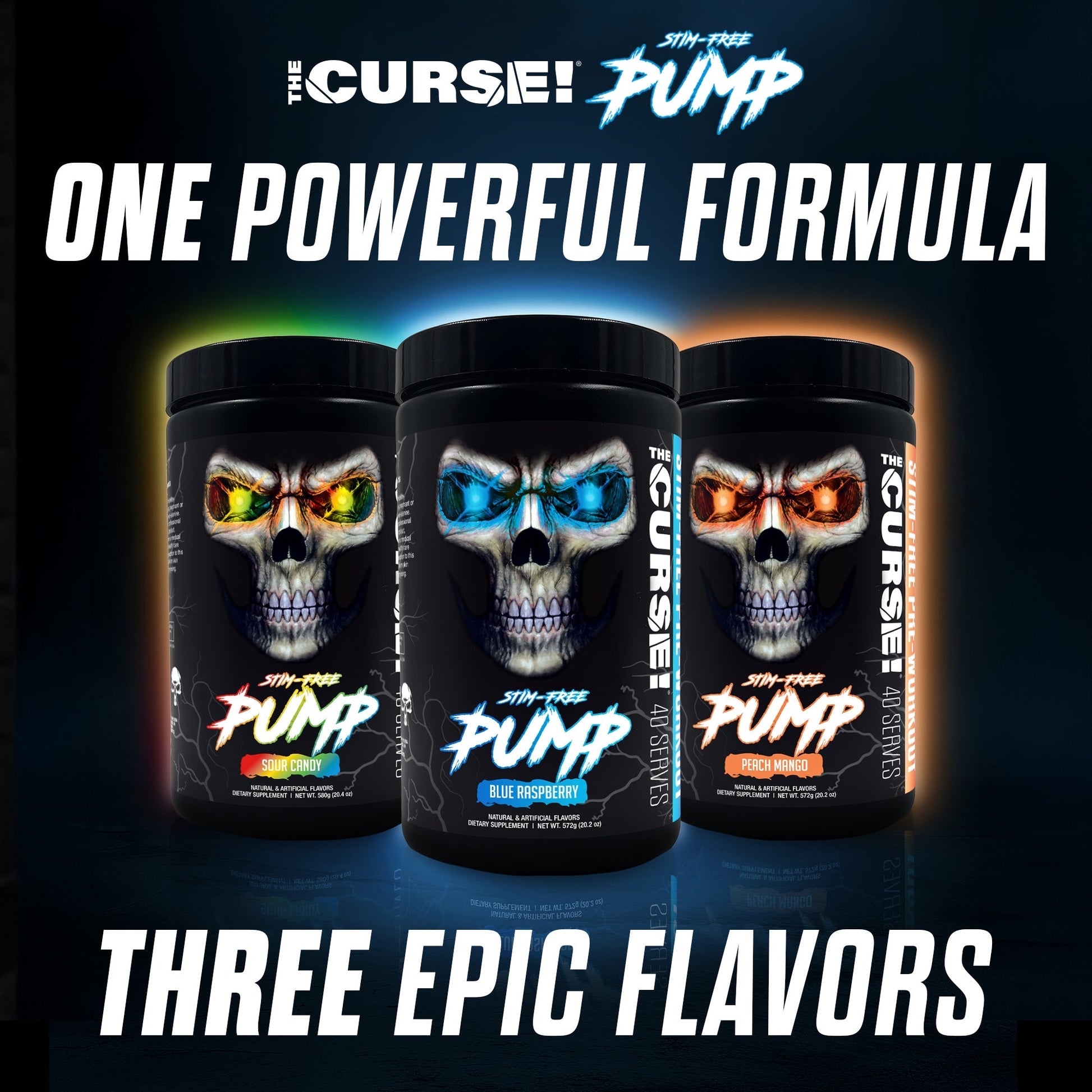 Energy supplement bottle three-pack with skull labels, blue raspberry, peach mango, sour candy