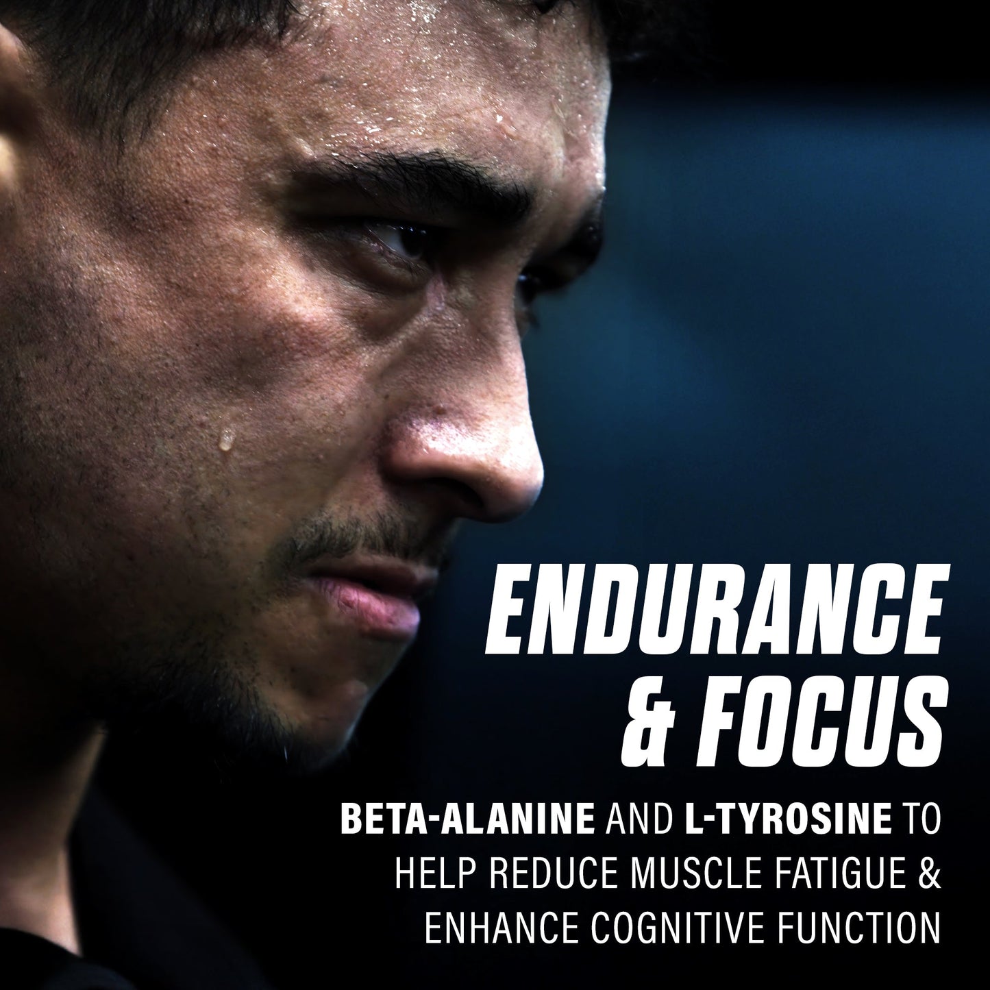 Energy supplement promotional poster with focused athlete face and endurance message