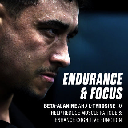 Energy supplement promotional poster with focused athlete face and endurance message