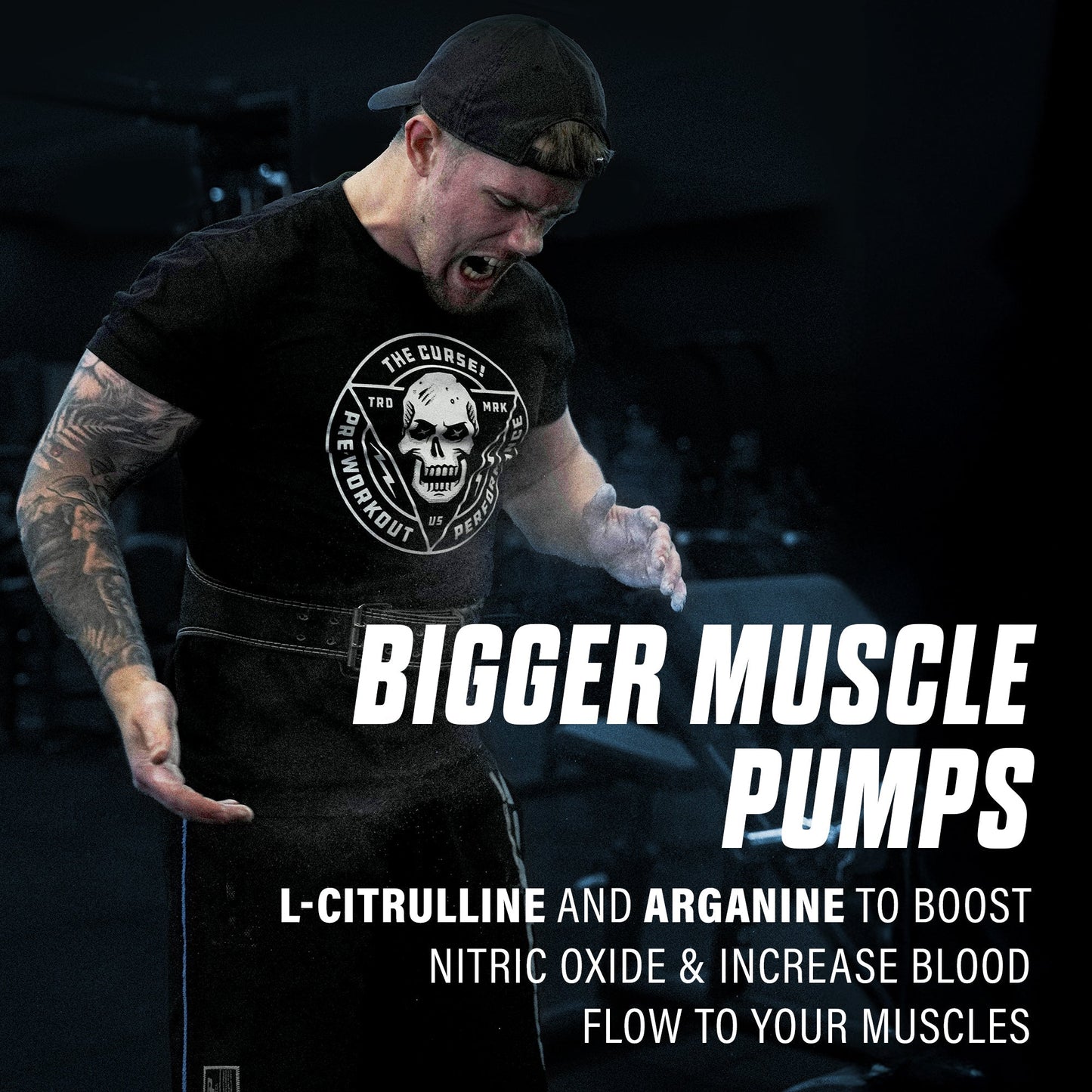 Energy supplement promotional poster with muscular athlete and bigger muscle pumps text
