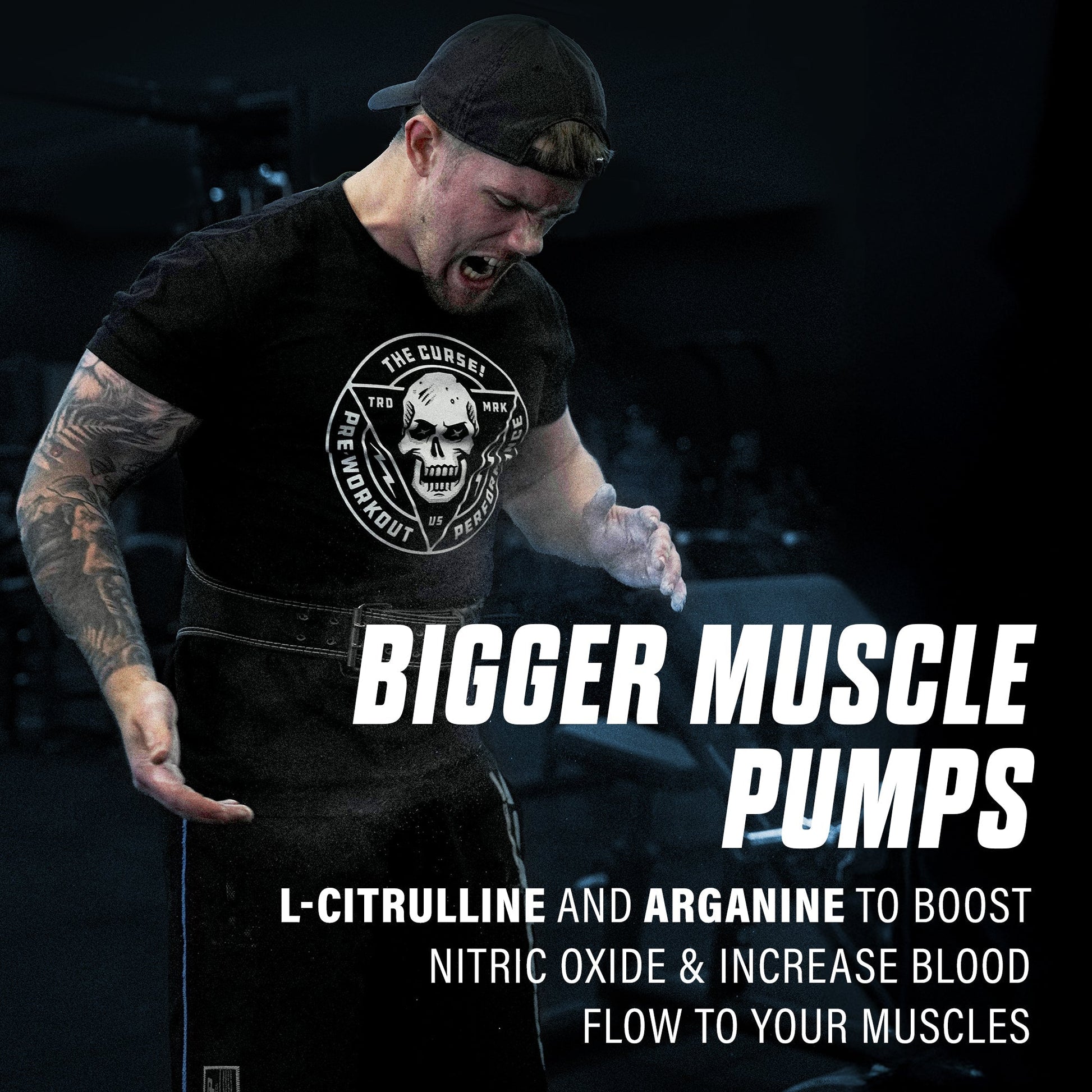 Energy supplement promotional poster with muscular athlete and bigger muscle pumps text