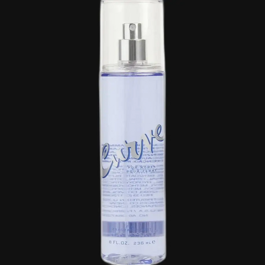 Women's eau de toilette spray bottle with clear sprayer, blue liquid, silver top.