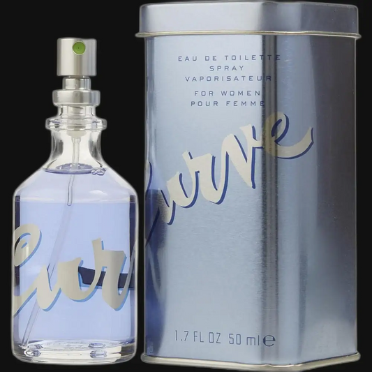 Women's eau de toilette spray bottle with blue canister, silver top, 1.7 fl oz.