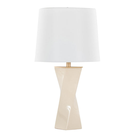 Cream ceramic table lamp with white linen square shade and gold metal accents