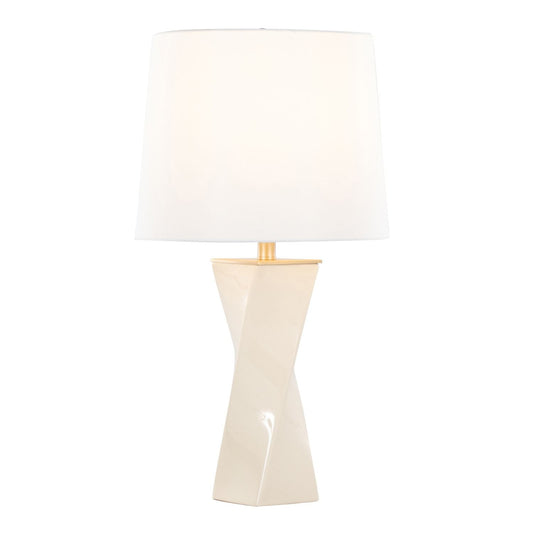 Cream ceramic table lamp with white linen shade and gold-toned top collar