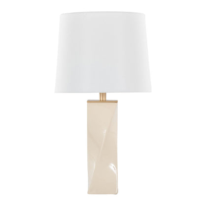 Curvo Square Contemporary 27" Ceramic Table Lamp in Cream Ceramic, Gold Metal, and White Linen by - Renee Lane Company