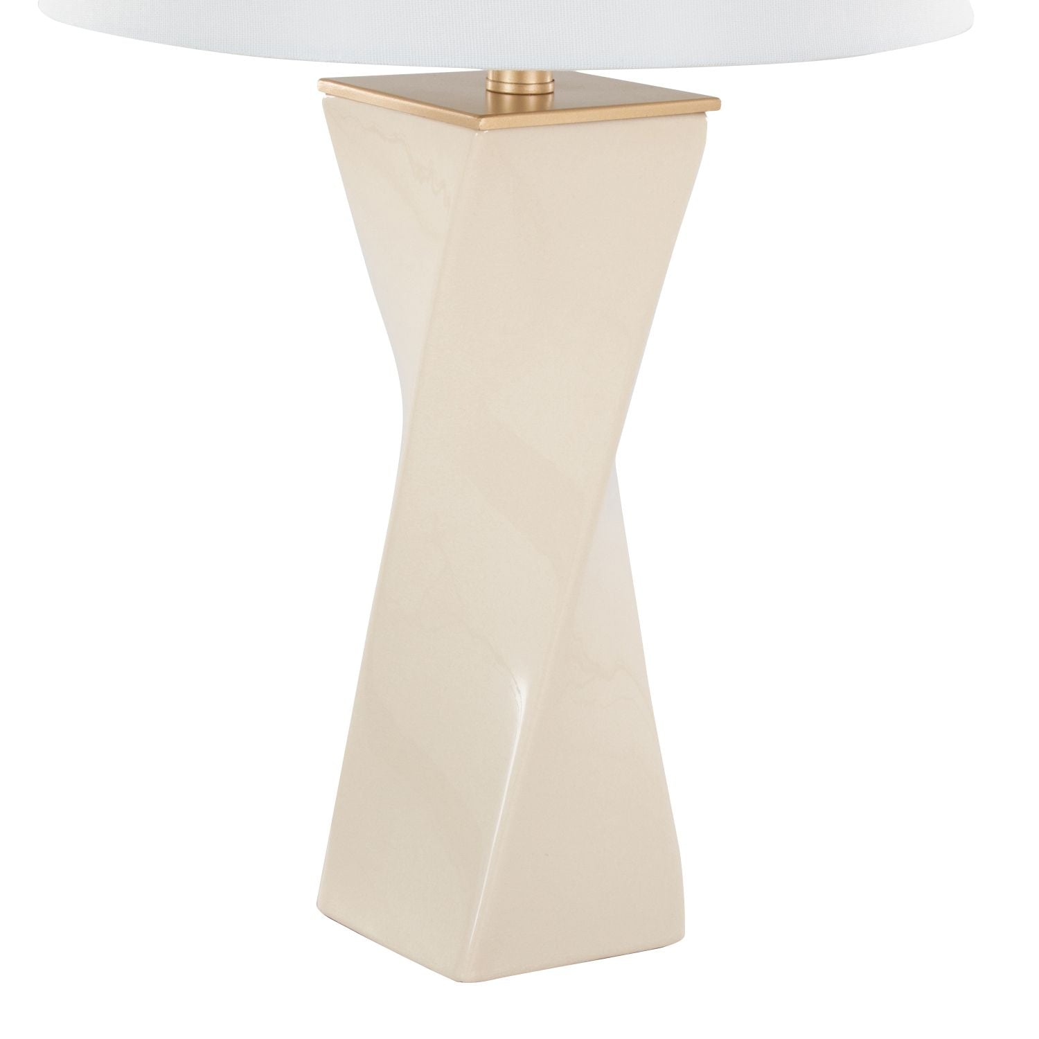 Curvo Square Contemporary 27" Ceramic Table Lamp in Cream Ceramic, Gold Metal, and White Linen by - Renee Lane Company