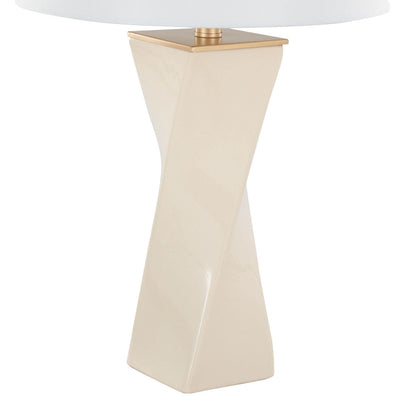 Curvo Square Contemporary 27" Ceramic Table Lamp in Cream Ceramic, Gold Metal, and White Linen by - Renee Lane Company